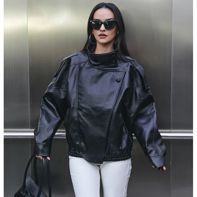 Women’s Black Oversized Leather Bomber Jacket