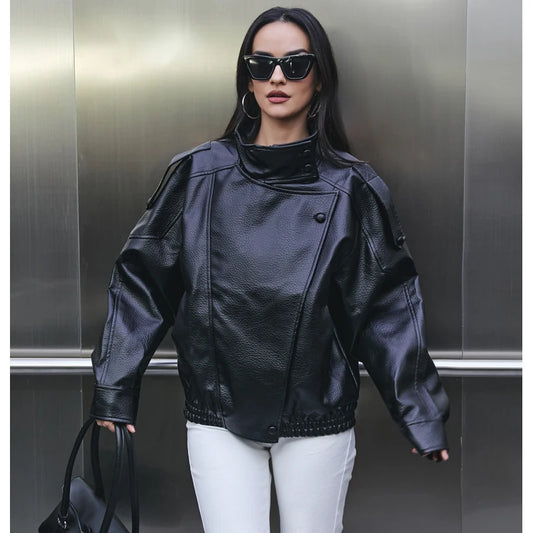 Women’s Black Oversized Leather Bomber Jacket