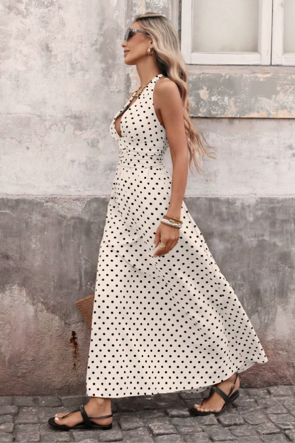 amelia striped polka dot halter maxi dress Amalia Chocolate Blurred Polka Dot Print Halter Dress