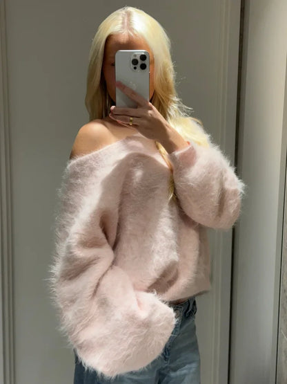 Amarenne - Soft Pink Fuzzy Knit Jumper