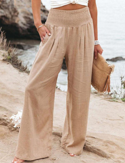 Amarenne - Smocked Waist Side-seam Wide Leg Linen Pants