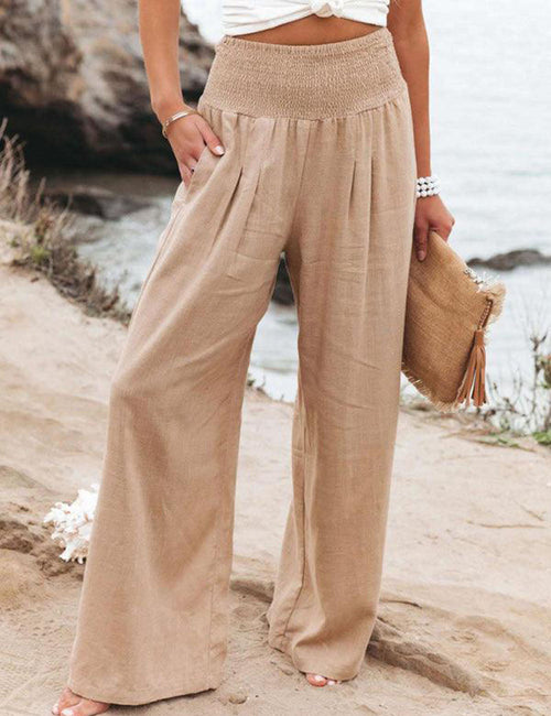 Amarenne - Smocked Waist Side-seam Wide Leg Linen Pants