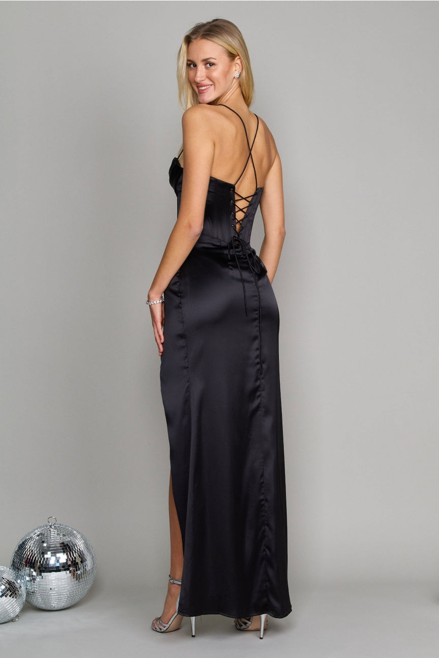 Amarenne - Satin Corset Slit Gown