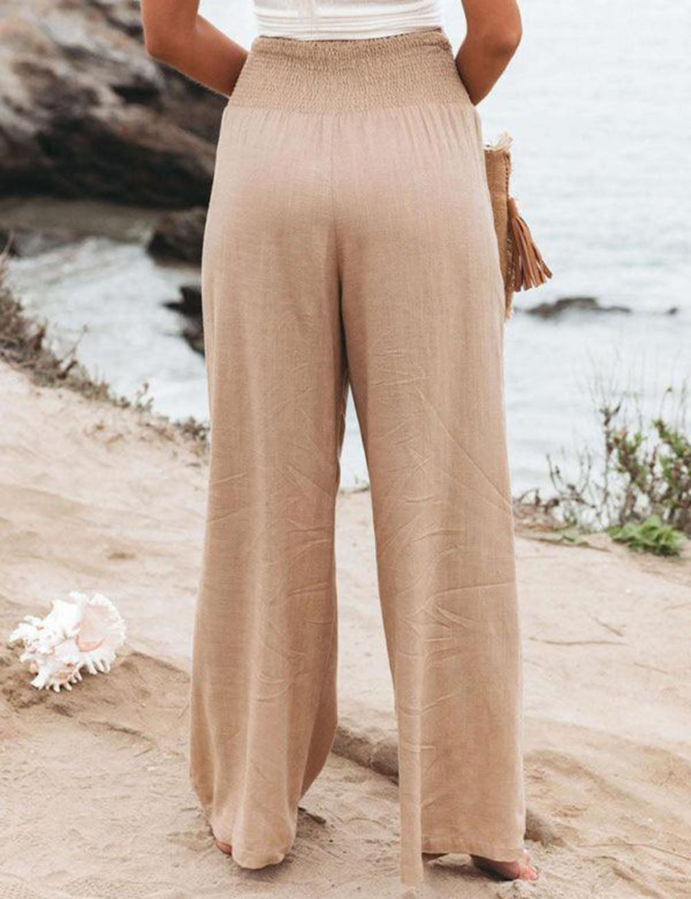 Amarenne - Smocked Waist Side-seam Wide Leg Linen Pants