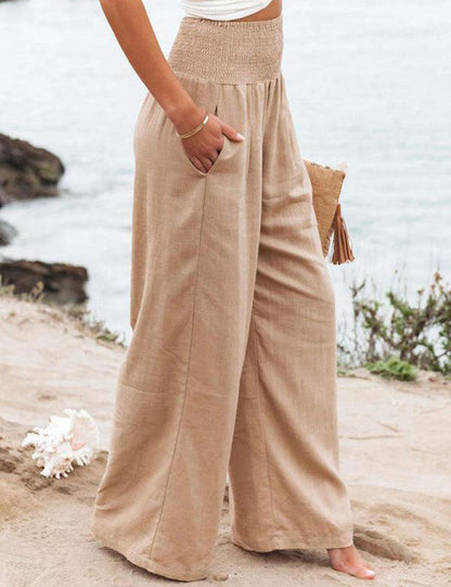 Amarenne - Smocked Waist Side-seam Wide Leg Linen Pants